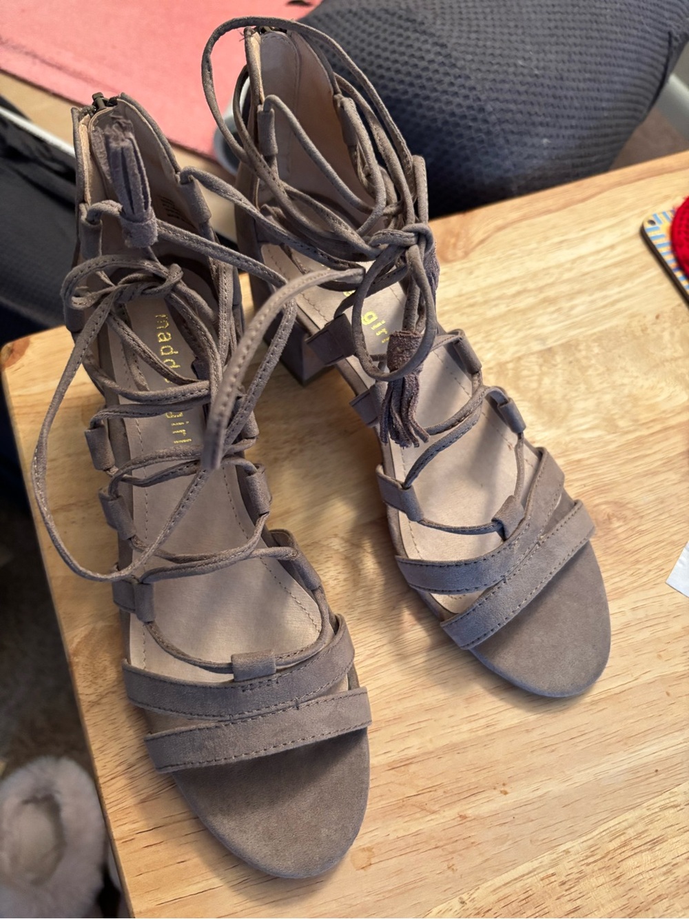 Madden Girl Taupe Suede Lace-Up Block Heel Sandals - Picture 8 of 8